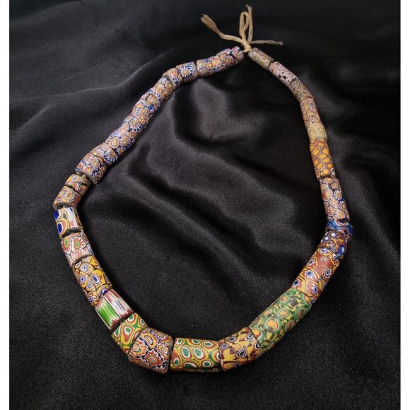 Antique African Millefiori Trade Bead Necklace Handmade Glass Beads On Cord Vibr - Picture 2 of 5